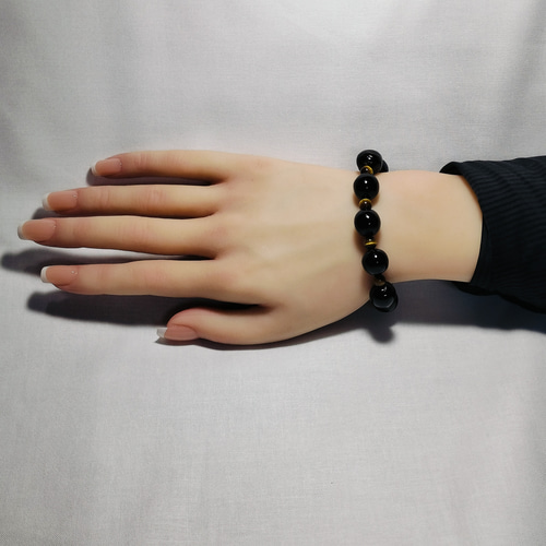 J48黒珊瑚化石（菊花石）ブレスレットブラックコーラル 希少黒珊瑚の丸玉ブレスレット ブレスレット 岡田黒珊瑚工房