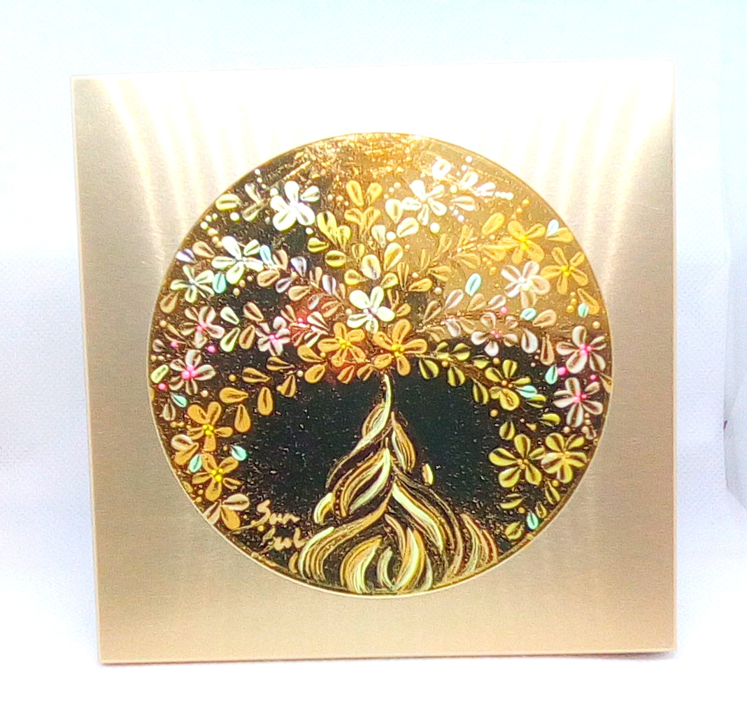 風水絵画 太陽の光注ぐ＊光の豊樹 メタリック 幸せの招財樹 金の