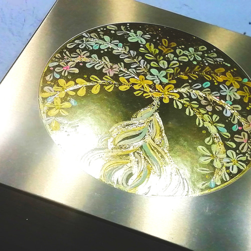 風水絵画 太陽の光注ぐ＊光の豊樹 メタリック 幸せの招財樹 金の