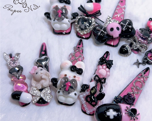 〔現品〕萌え萌え♡にゃんこメイド 量産型 平成女児 ネイルチップ ꒰ 現品 ꒱ 量産型 メイド 平成女児 萌にゃんこ 萌甘 3Dネイル