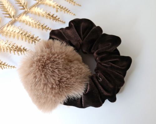 エコファーとベロアのシュシュ(ブラウン） シュシュ *choco choco