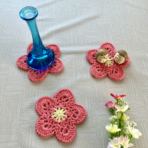 梅、桃の花 手編み ドイリー コースター 茶托 ガーランド アップリケ 3