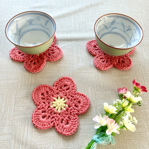 梅、桃の花 手編み ドイリー コースター 茶托 ガーランド アップリケ 3