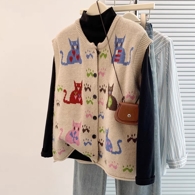 ベスト、ニット、ジャカード、春、秋冬、防寒対策、ネコ柄、ベージュ