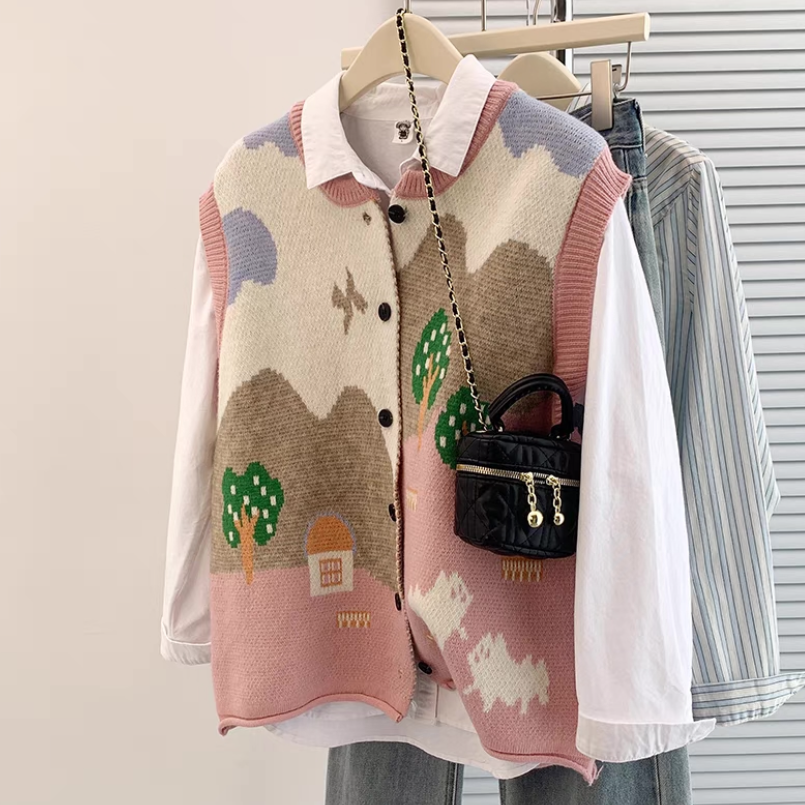 ベスト、ニット、ジャカード、春、秋冬、防寒対策、