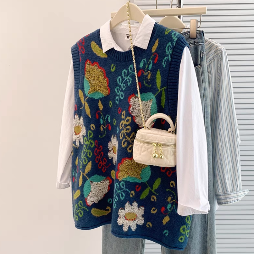 ベスト、ニット、ジャカード、春、秋冬、防寒対策、ネイビー