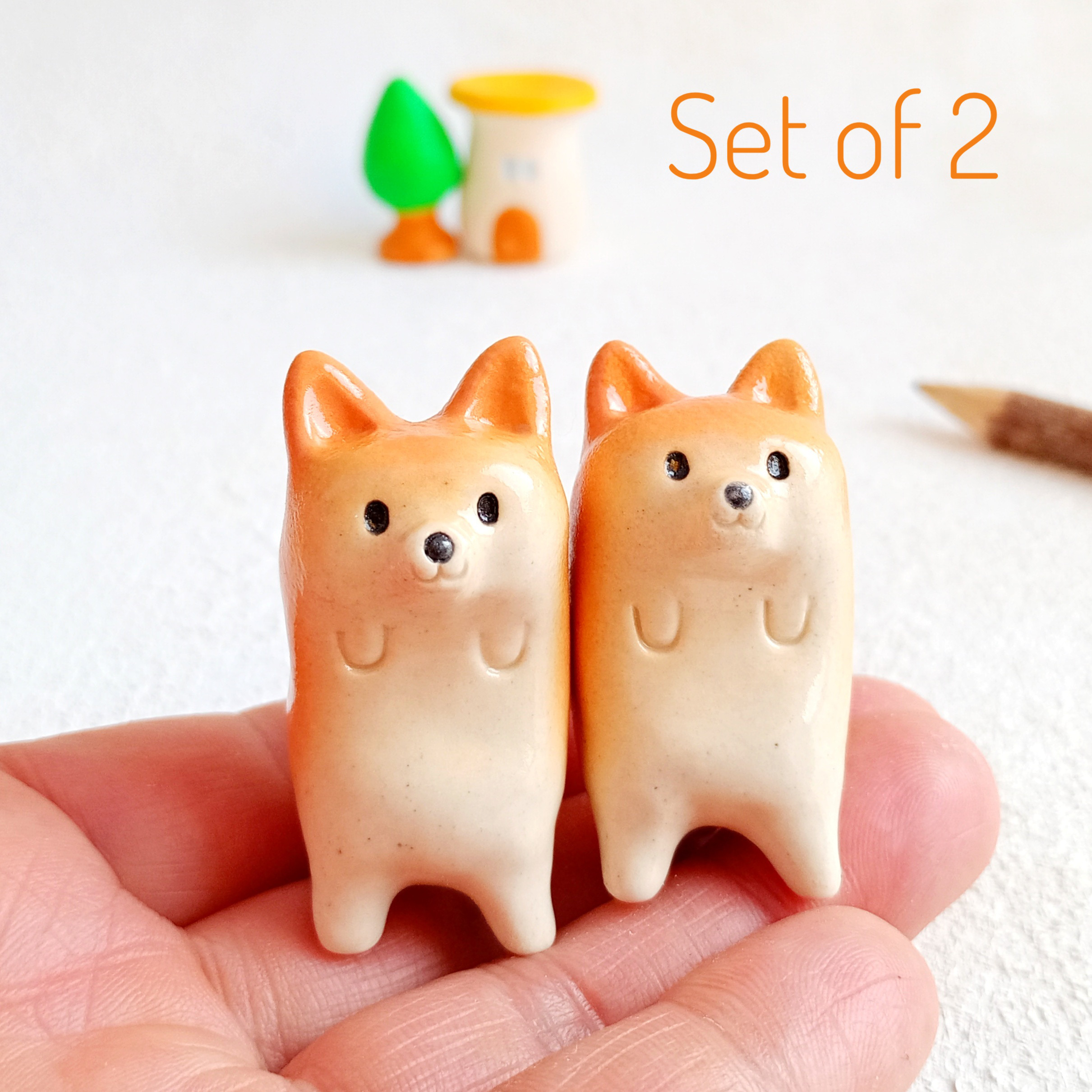 双子柴犬ペンレスト　動物の陶器　受注製作