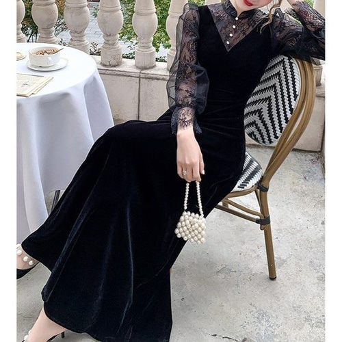 パーティードレス レディース ワンピース ロング丈 袖あり 透け感