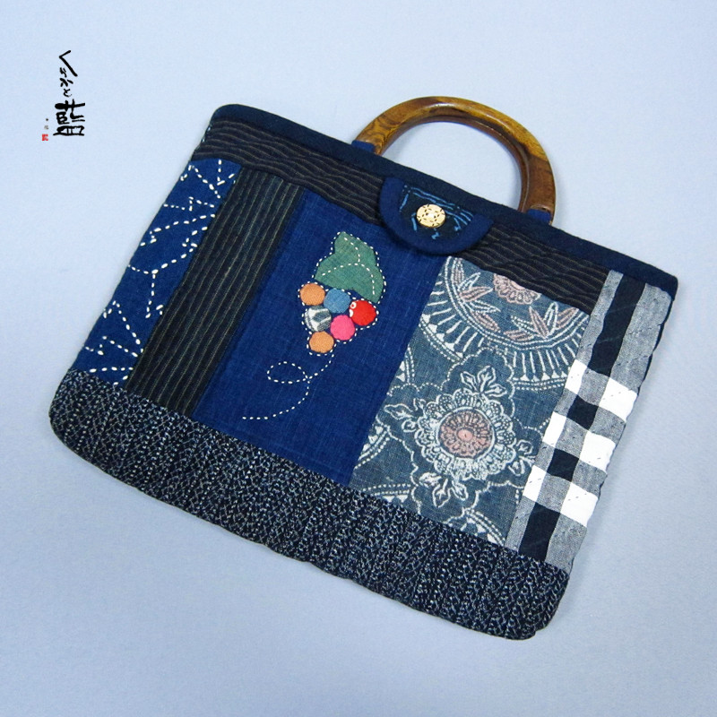 葡萄アップリケのハンドバッグ 古布 藍木綿 型染 絣 リメイク s2245