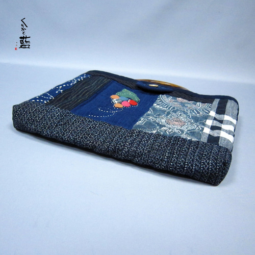 葡萄アップリケのハンドバッグ 古布 藍木綿 型染 絣 リメイク