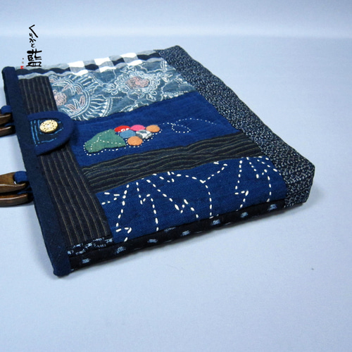 葡萄アップリケのハンドバッグ 古布 藍木綿 型染 絣 リメイク s2245