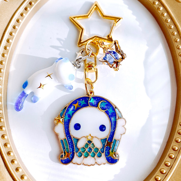 【未使用品】 ブルー星 アマビエキーホルダー レジンキーホルダー 青 チャーム チャーム