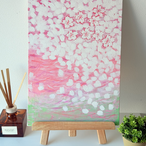 桜の絵、花吹雪、花の絵、アート、キャンバス、アクリル絵の具