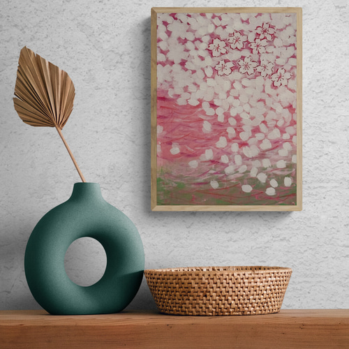 桜の絵、花吹雪、花の絵、アート、キャンバス、アクリル絵の具