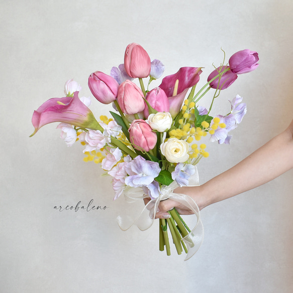 チューリップとミモザのカラフルブーケ＊ウェディングブーケ（アーティ