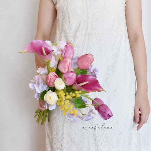チューリップとミモザのカラフルブーケ＊ウェディングブーケ（アーティ