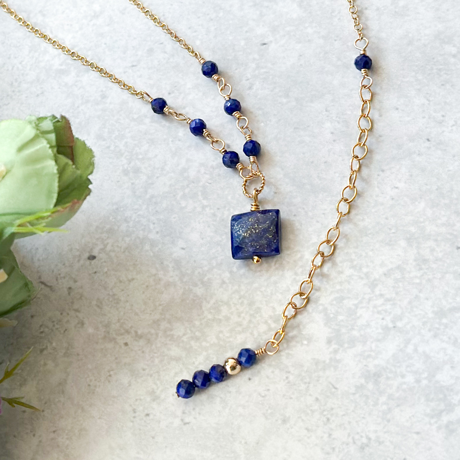 14kgf*スクエア□ラピスラズリのステーションネックレス*アジャスター付き