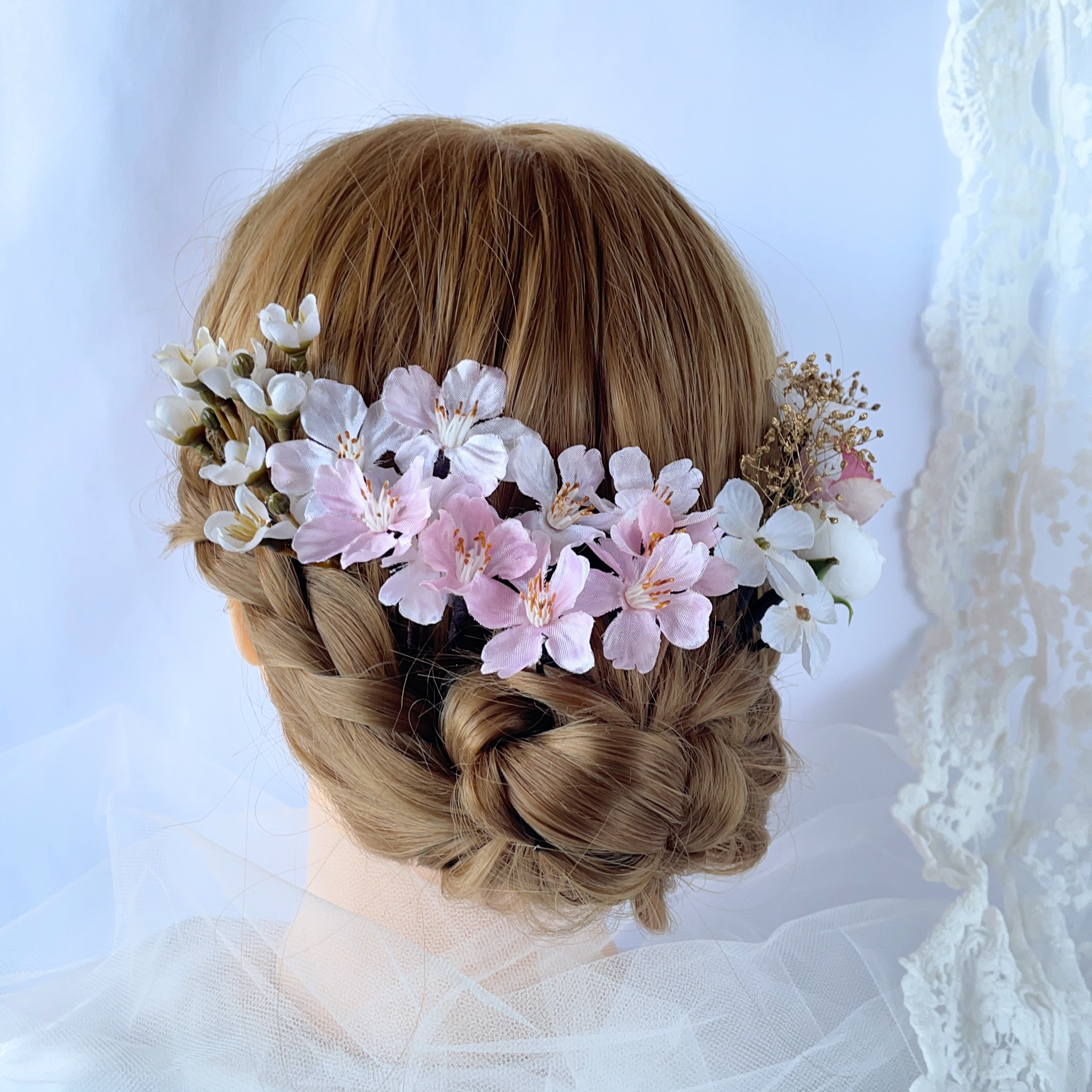 ヘッドドレス　ブライダル　ウエディング　結婚式　桜　桜髪飾り　かすみ草　卒業式　成人式　造花　振袖　袴　和装　ピンク