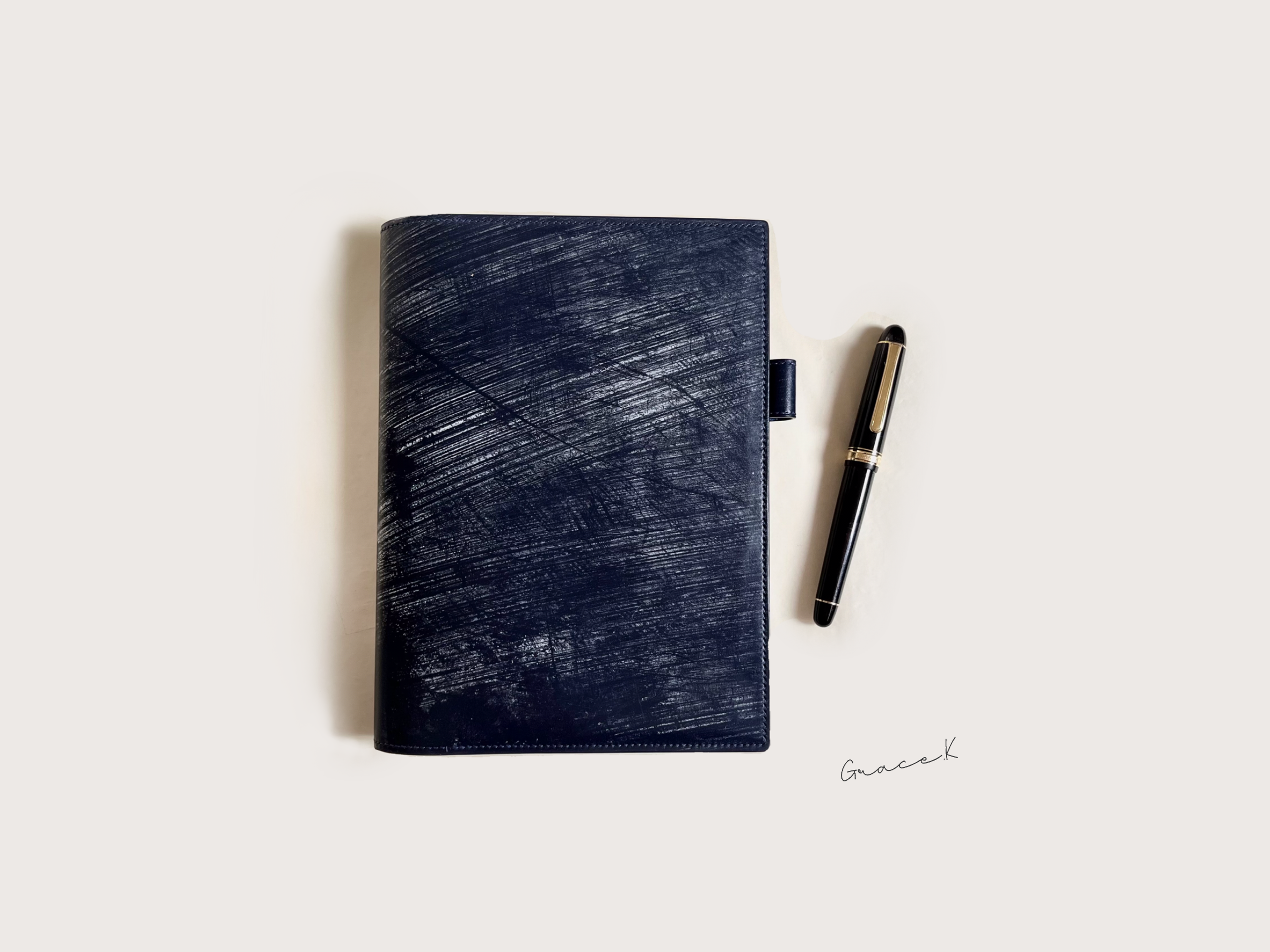 【ブライドルレザー】A5 手帳カバー　ノートカバー　ブックカバー　本革　手縫い　ネイビー　受注生産
