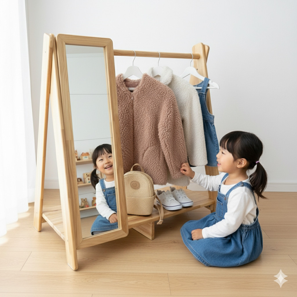 【子ども用　鏡付き　木製ハンガーラック】組み立て式