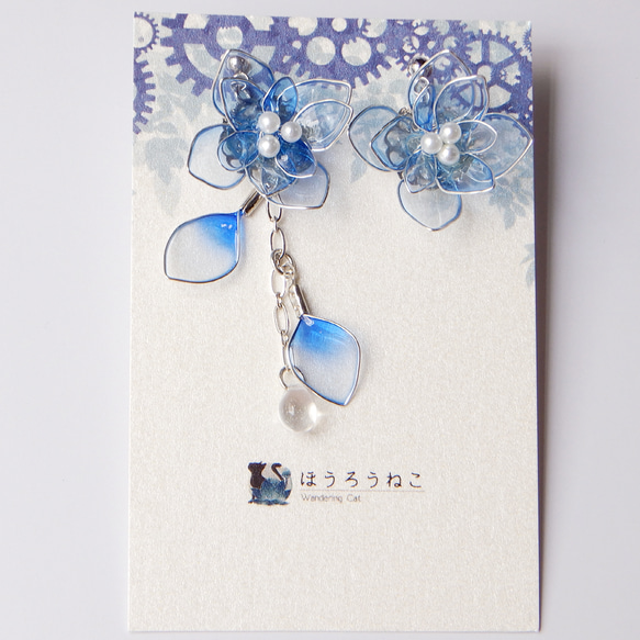 『紫陽花』あじさいのアシンメトリーピアス・イヤリング　ディップアート/耳飾り 2枚目の画像