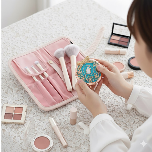 桜咲く幸せうさぎのコンパクトミラー※ターコイズブルー 桜 うさぎ