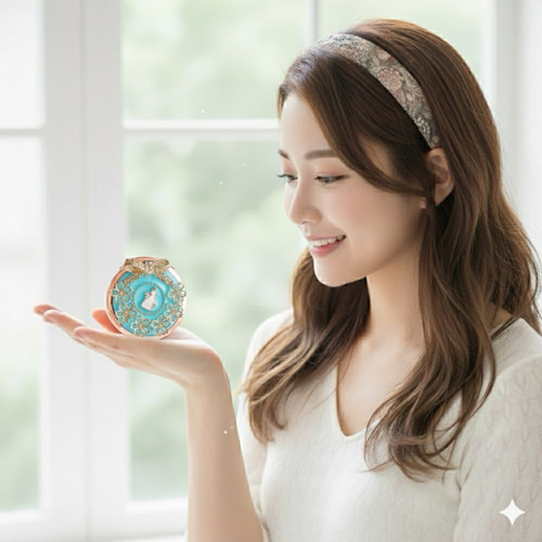 桜咲く幸せうさぎのコンパクトミラー※ターコイズブルー 桜 うさぎ