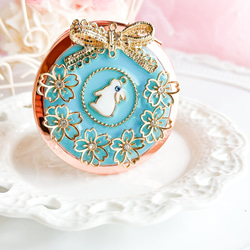 桜咲く幸せうさぎのコンパクトミラー※ターコイズブルー 桜 うさぎ