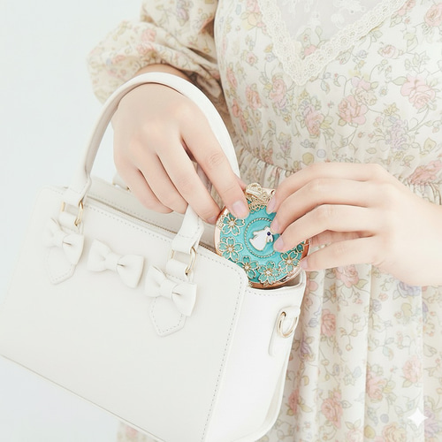 桜咲く幸せうさぎのコンパクトミラー※ターコイズブルー 桜 うさぎ