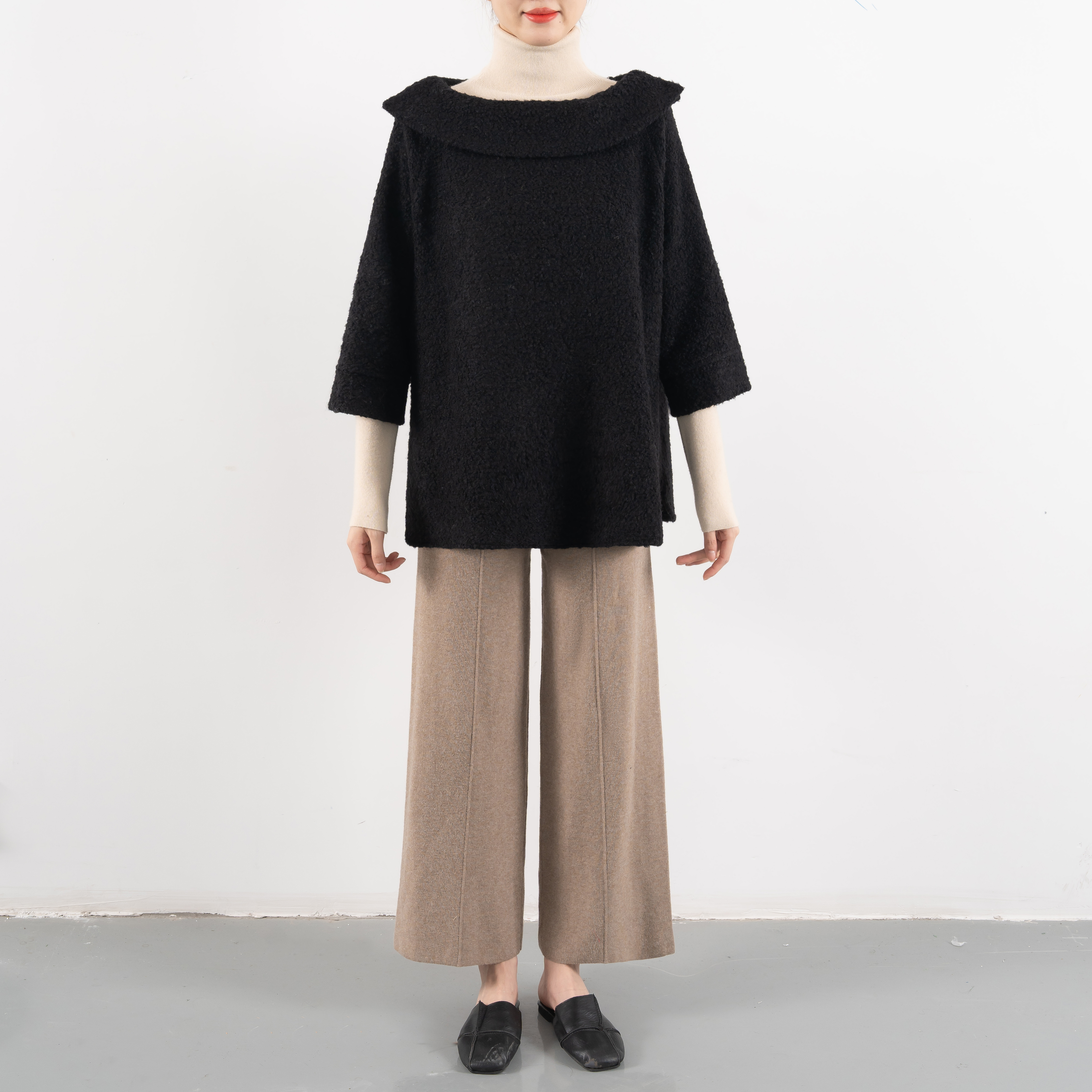 ★★en-enカーリーもこもこウール混紡・襟付きボートネックロールカラー・黒