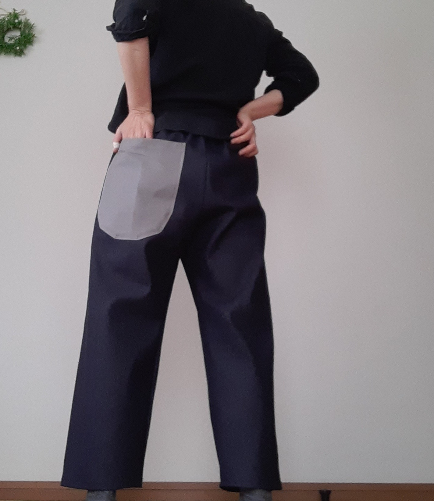 デニムパンツズボン新作ワイドパンツウエストゴム大きめポケットがかわいい