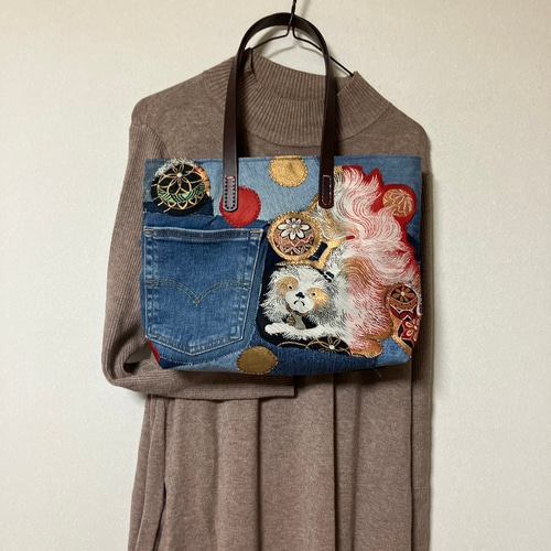 アンズルーム☆ハンドメイド☆デニムリメイク×帯 トートバッグ