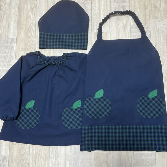 3点セット 長袖スモック エプロン 三角巾 80～大人size りんごポケット タータンチェック 緑 首パイピング