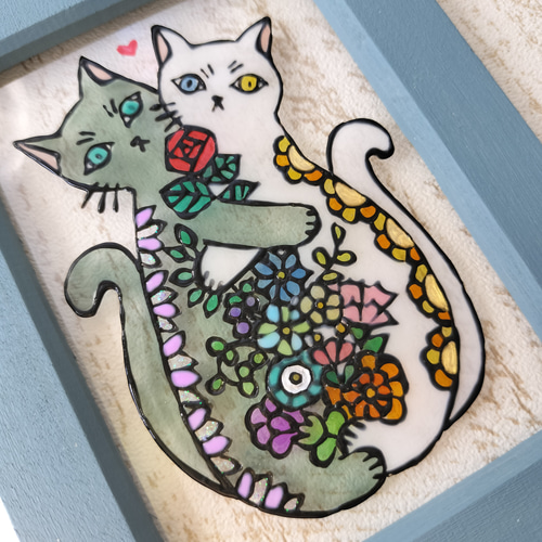 送料無料！ステンドグラス風 愛する猫 ネコ グラスアート ガラス