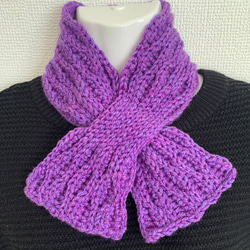 a18】かぎ針編み パープル ミックス 模様編み ショート マフラー