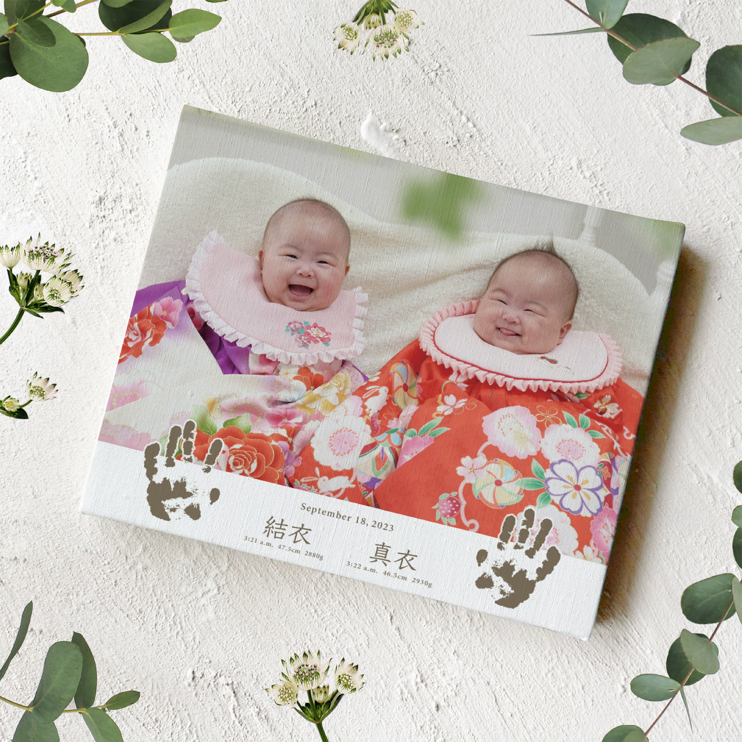 双子ちゃん用【写真・手足形入り】命名書 横型 / キャンバスボード / 029 /