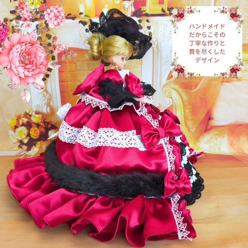 送料無料 リカちゃんサイズ ロココ調ドレス 赤と黒の冬ドレス マリー