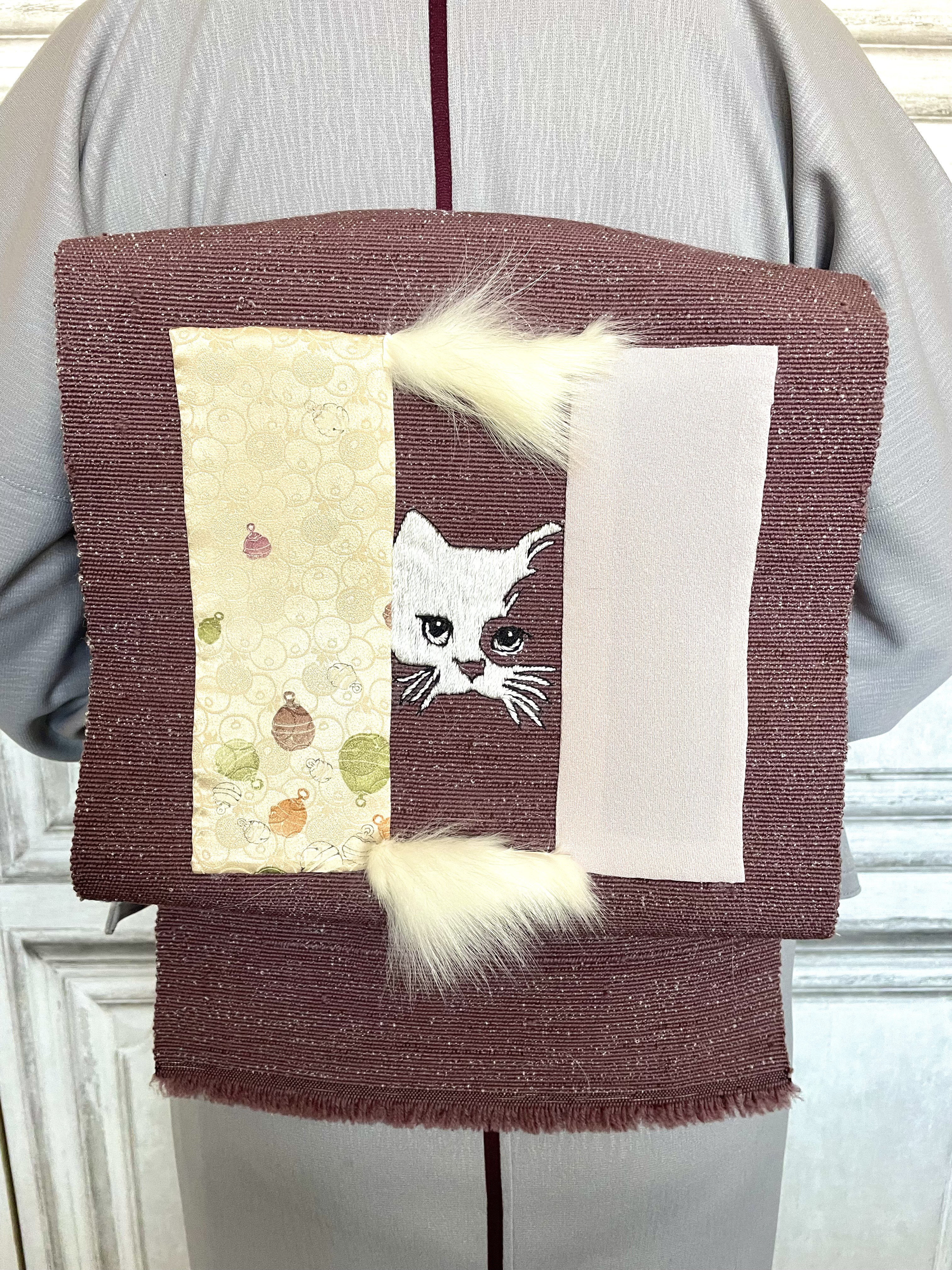 ねこの帯(紫・えんじ色) /猫・和装・着物