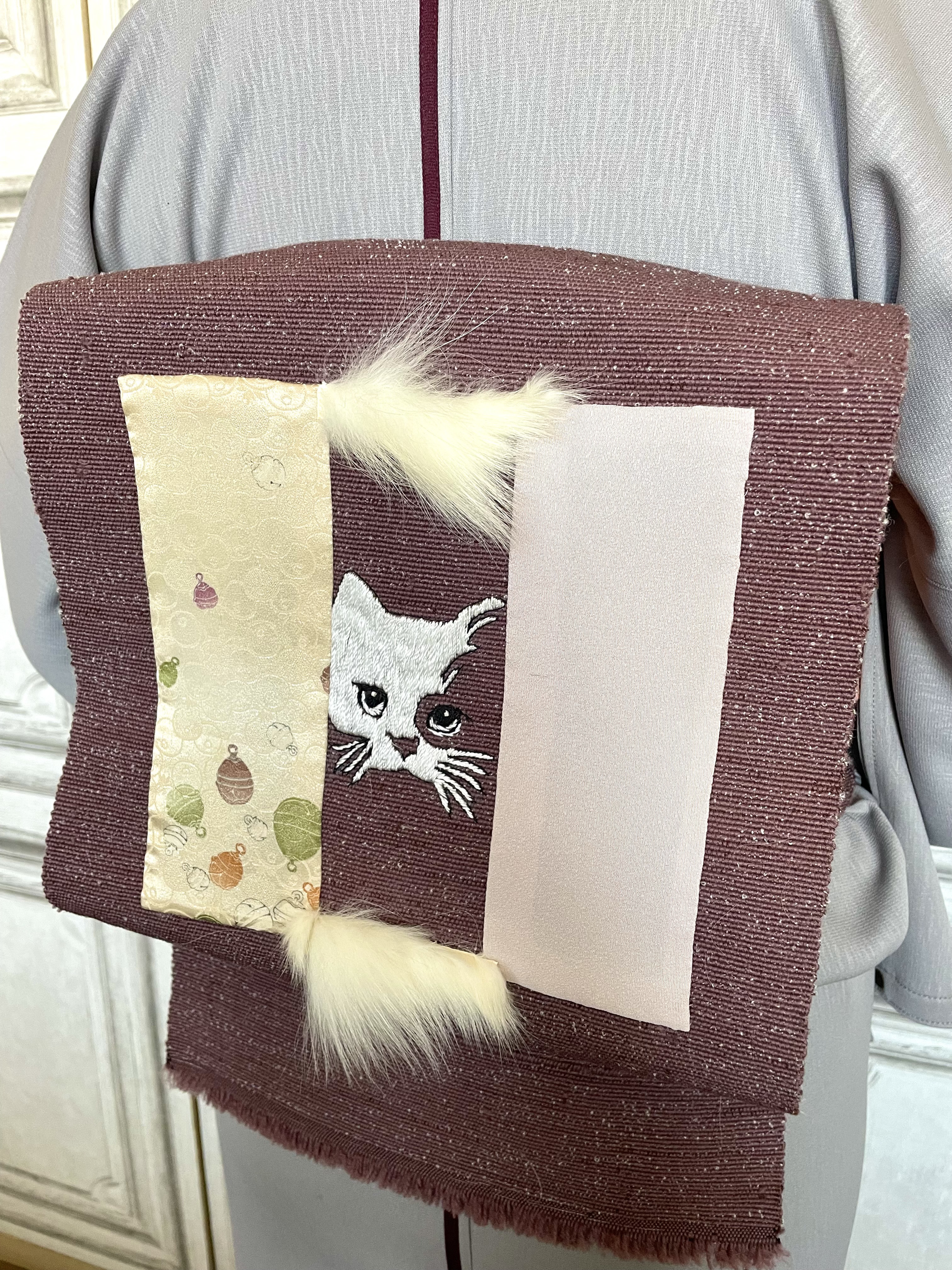 ねこの帯(紫・えんじ色) /猫・和装・着物