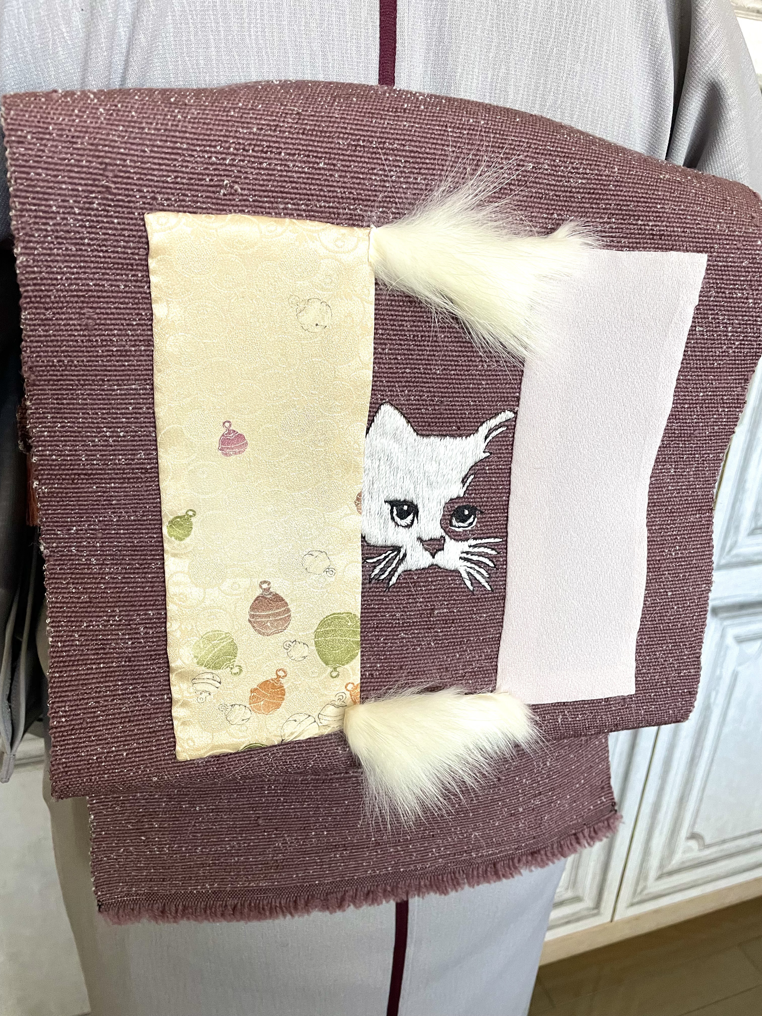 ねこの帯(紫・えんじ色) /猫・和装・着物