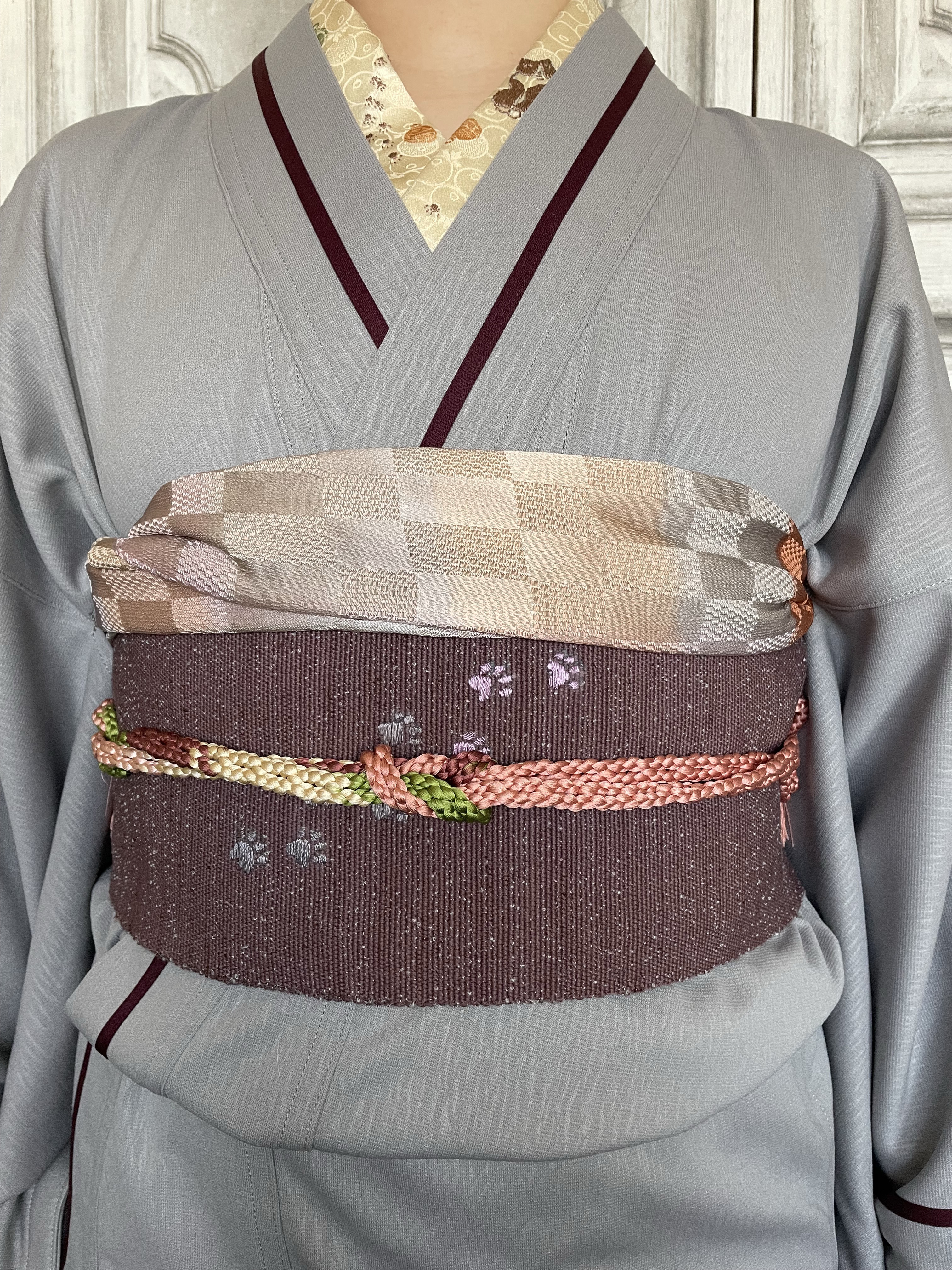 ねこの帯(紫・えんじ色) /猫・和装・着物