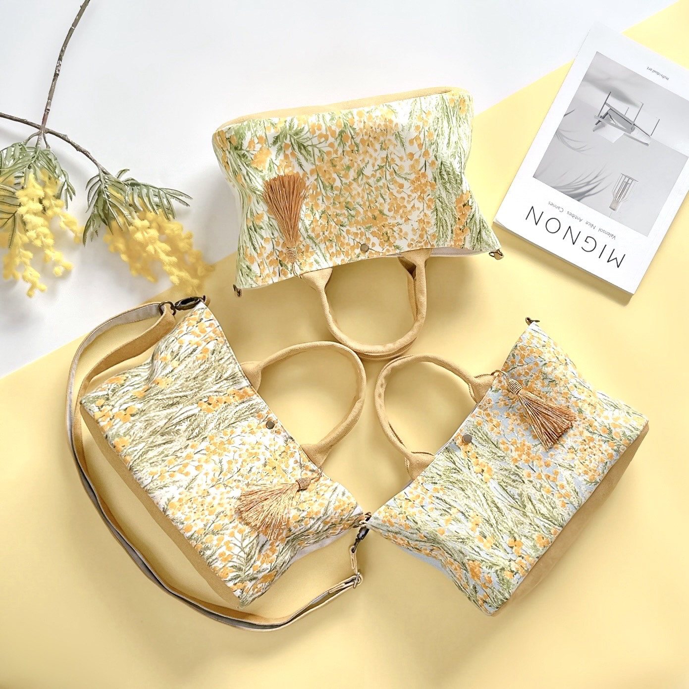 ＼新作／ミモザ柄コットンリネンと帆布の2wayオーバルトートバッグ【選べる3カラー】春の超早割2026