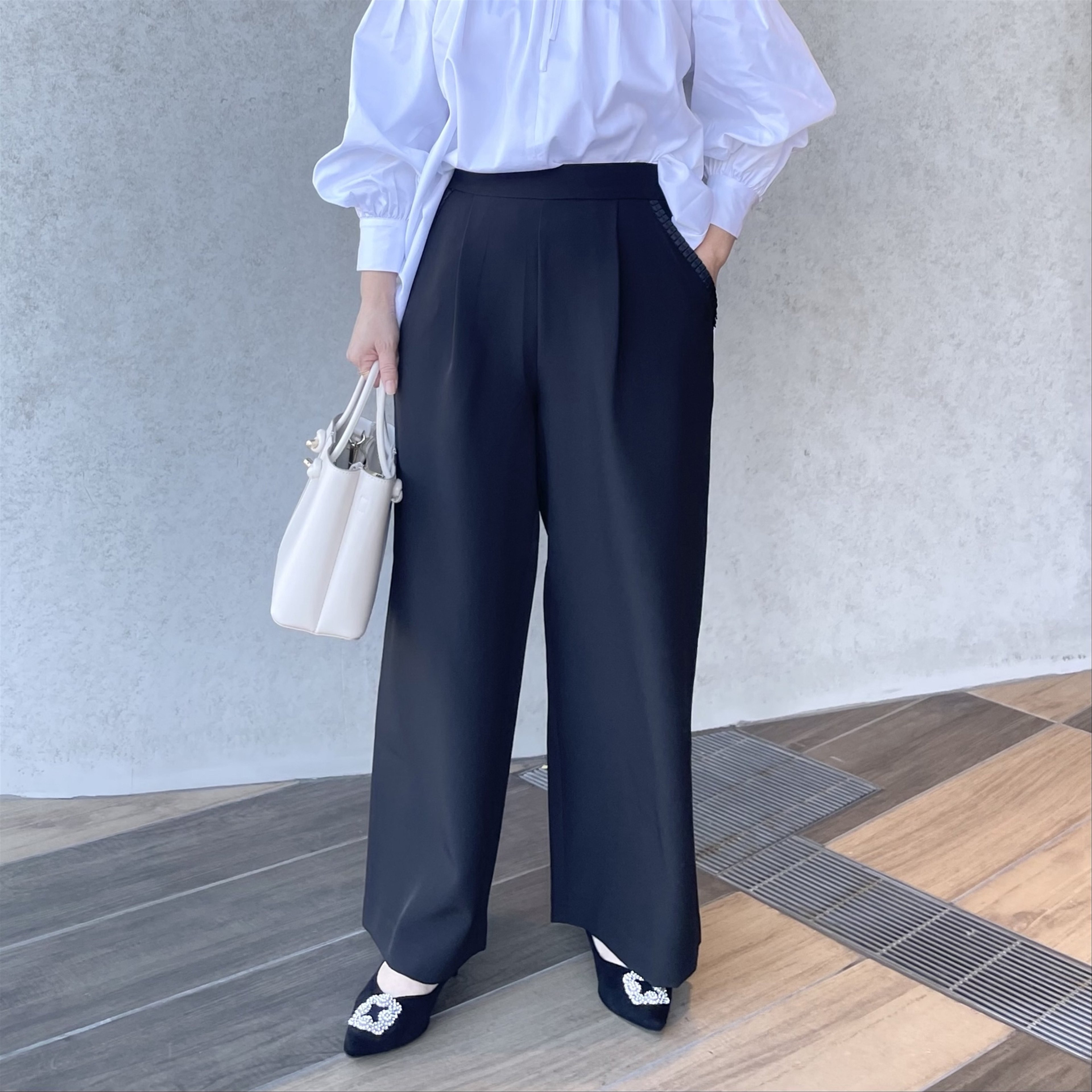 小柄S【ウエストゴム】ゆったり優秀シルエット ワイドパンツ 黒■卒業 入学 フォーマルKMC-753 047832