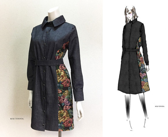 1点もの・デザイン画付き】岡山産デニム＋ゴブラン織り切り替えシャツ  