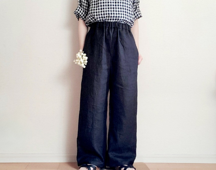 【新作】お家で洗える！丈が選べる一年中着回せる♡スッキリ見えてゆったり心地よい大人のリネンパンツ漆黒