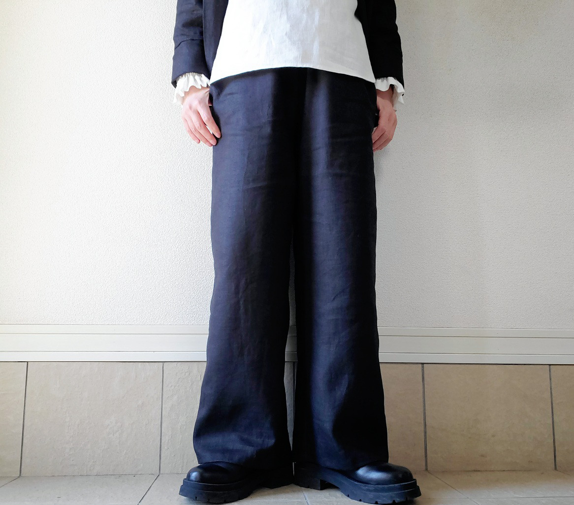 【新作】お家で洗える！丈が選べる一年中着回せる♡スッキリ見えてゆったり心地よい大人のリネンパンツ漆黒