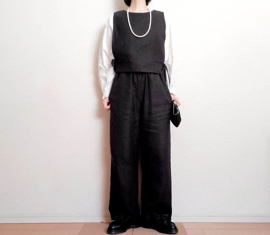 【新作】お家で洗える！丈が選べる一年中着回せる♡スッキリ見えてゆったり心地よい大人のリネンパンツ漆黒