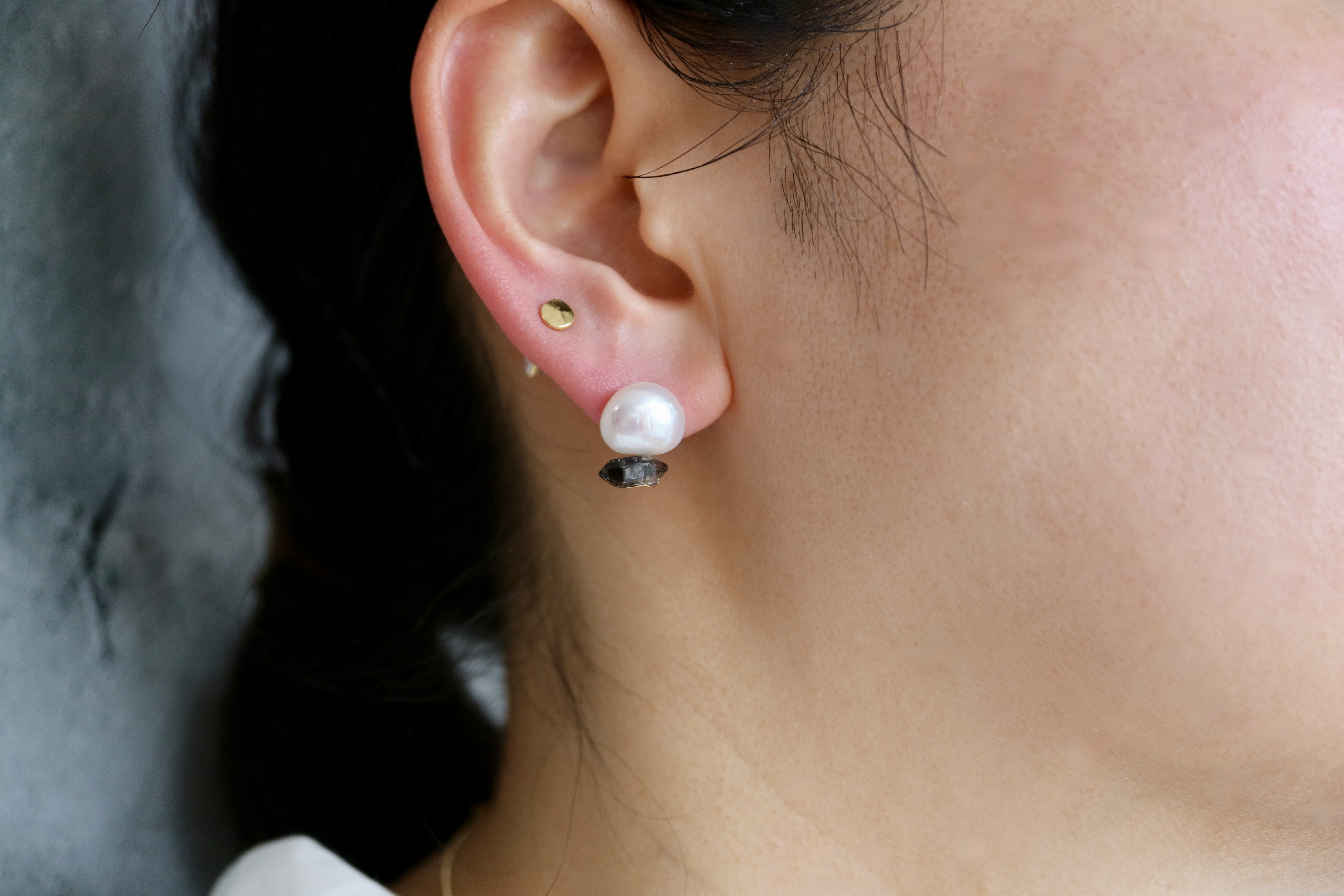 Herkimer Diamond and Pearl K10 ピアス（23P10-07）