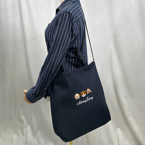 3匹の犬の刺繍 小さい内ポケット付き キャンバス 2WAY