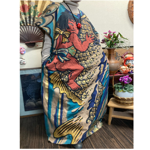 ★専用★柿渋染家紋幟旗と藍染木綿風呂敷のワンピース★ ☆専用☆柿渋染家紋幟旗と藍染木綿風呂敷のワンピース☆